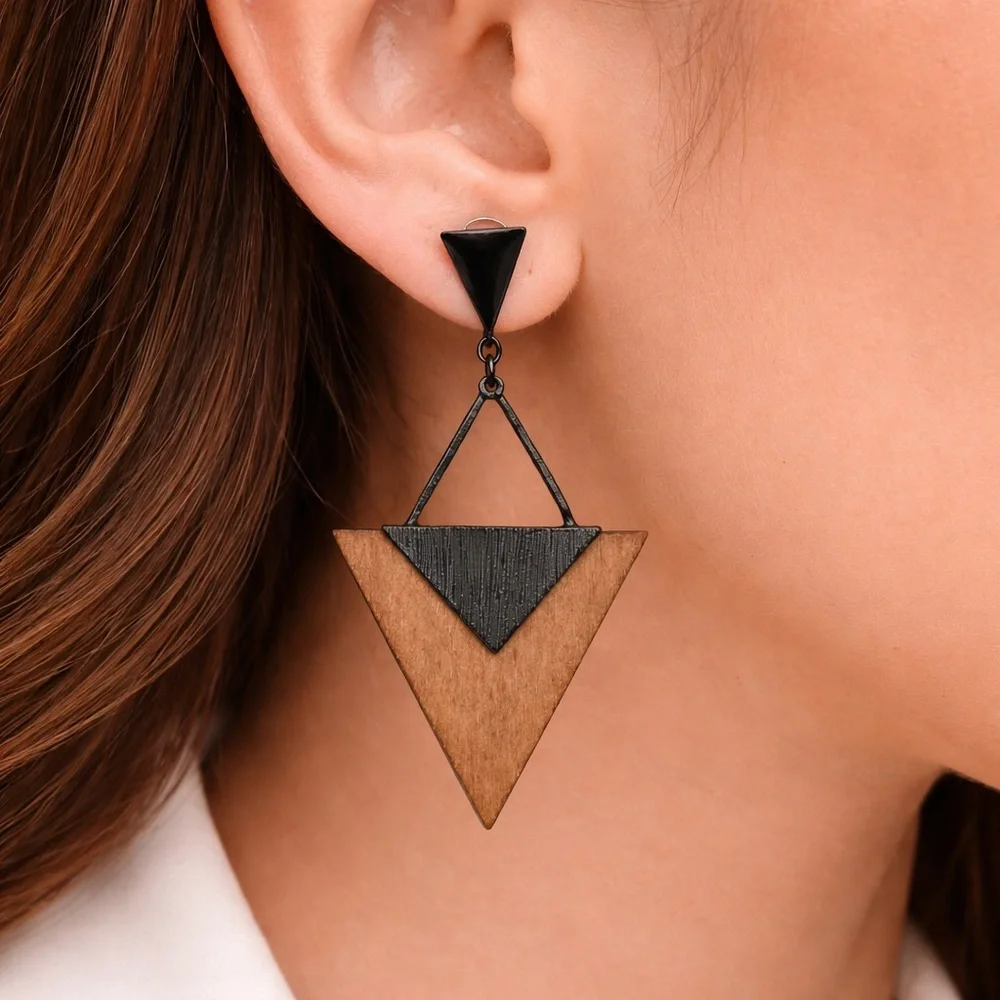 Geometric Wood & Black Triangle Drop Earrings – Boho Statement